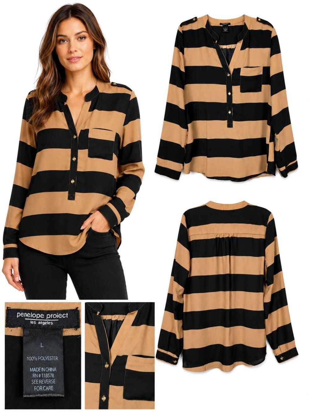 Penelope Project Size L Black Tan Striped Tunic Blouse
